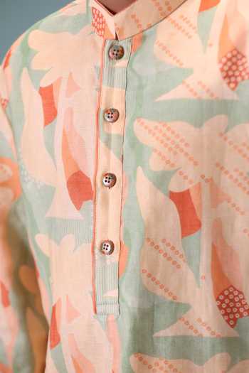 Minikin_Peach Chanderi Silk Printed Kurta With Pant _at_Aza_Fashions
