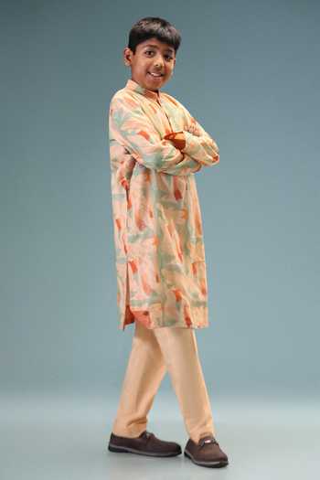 Buy_Minikin_Peach Chanderi Silk Printed Kurta With Pant 