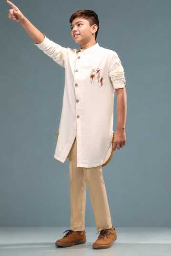 Minikin_Cream Linen, Handloom Cotton Deer Embroidered Kurta With Pant _Online_at_Aza_Fashions
