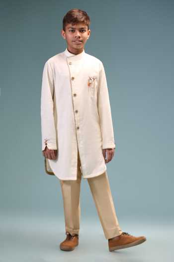 Buy_Minikin_Cream Linen, Handloom Cotton Deer Embroidered Kurta With Pant _Online_at_Aza_Fashions