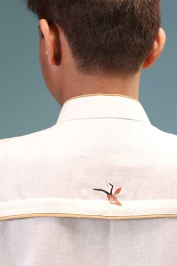Shop_Minikin_Cream Linen, Handloom Cotton Deer Embroidered Kurta With Pant _Online_at_Aza_Fashions