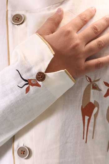 Minikin_Cream Linen, Handloom Cotton Deer Embroidered Kurta With Pant _at_Aza_Fashions