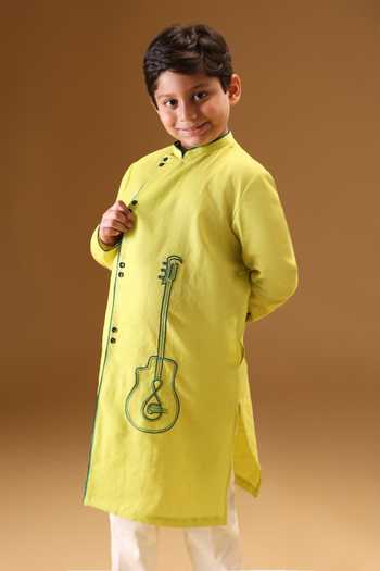 Minikin_Yellow Linen, Handloom Cotton Guitar Embroidered Kurta With Pant _Online_at_Aza_Fashions