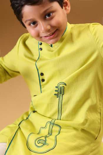 Buy_Minikin_Yellow Linen, Handloom Cotton Guitar Embroidered Kurta With Pant _Online_at_Aza_Fashions