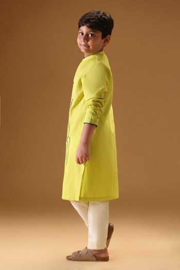 Shop_Minikin_Yellow Linen, Handloom Cotton Guitar Embroidered Kurta With Pant _Online_at_Aza_Fashions