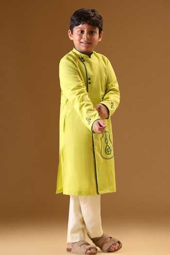 Minikin_Yellow Linen, Handloom Cotton Guitar Embroidered Kurta With Pant _at_Aza_Fashions