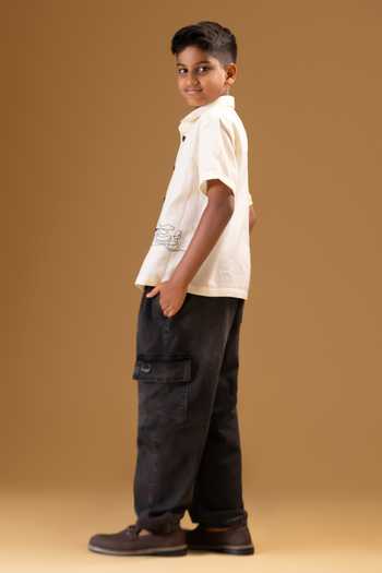Minikin_Cream Linen, Handloom Cotton Scooter Embroidered Shirt _Online_at_Aza_Fashions