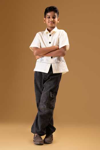 Buy_Minikin_Cream Linen, Handloom Cotton Scooter Embroidered Shirt _Online_at_Aza_Fashions