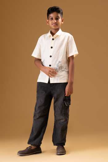 Minikin_Cream Linen, Handloom Cotton Scooter Embroidered Shirt _at_Aza_Fashions