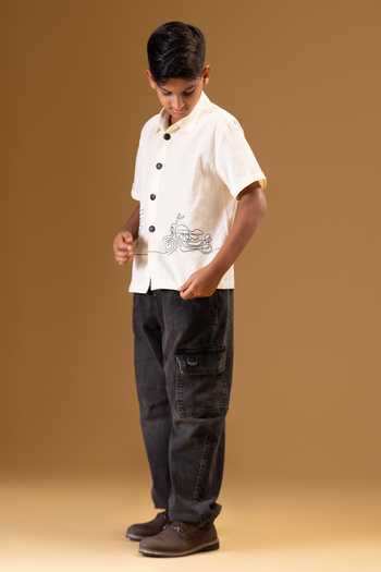 Buy_Minikin_Cream Linen, Handloom Cotton Scooter Embroidered Shirt 