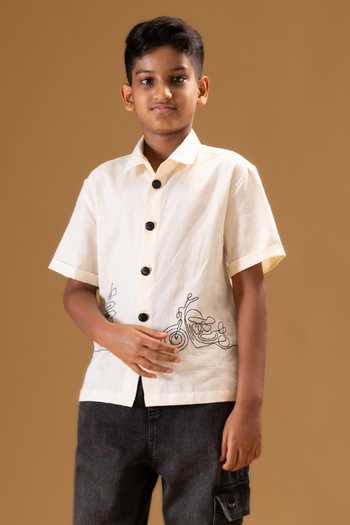 Shop_Minikin_Cream Linen, Handloom Cotton Scooter Embroidered Shirt 
