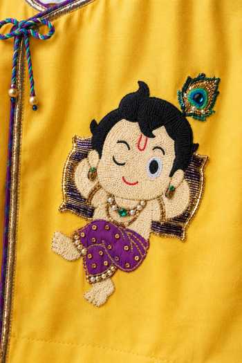Minikin_Yellow Muslin Sleeping Krishna Kurta With Printed Dhoti Pant _Online_at_Aza_Fashions