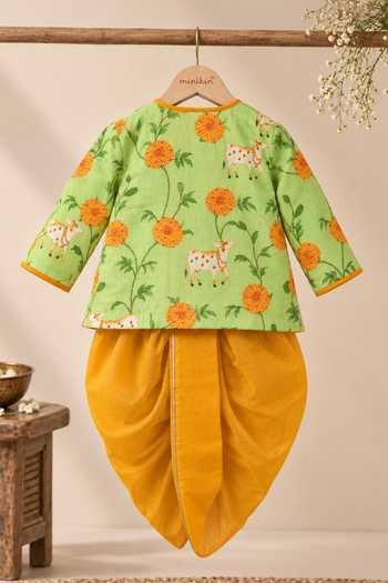 Minikin Green Chanderi Silk Zari Pichwai Angarkha Kurta With Dhoti Pant Online at Aza Fashions Minikin_Green Chanderi Silk Zari Pichwai Angarkha Kurta With Dhoti Pant _Online_at_Aza_Fashions