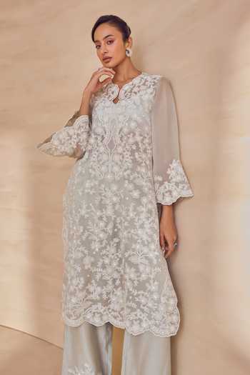 Shop Pankaj & Nidhi Blue Silk Organza Keyhole Neck Bloom Crystal Frost Embroidered Kurta Set Online at Aza Fashions Shop_Pankaj & Nidhi_Blue Silk Organza Keyhole Neck Bloom Crystal Frost Embroidered Kurta Set _Online_at_Aza_Fashions