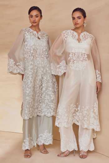 Pankaj & Nidhi Blue Silk Organza Keyhole Neck Bloom Crystal Frost Embroidered Kurta Set at Aza Fashions Pankaj & Nidhi_Blue Silk Organza Keyhole Neck Bloom Crystal Frost Embroidered Kurta Set _at_Aza_Fashions