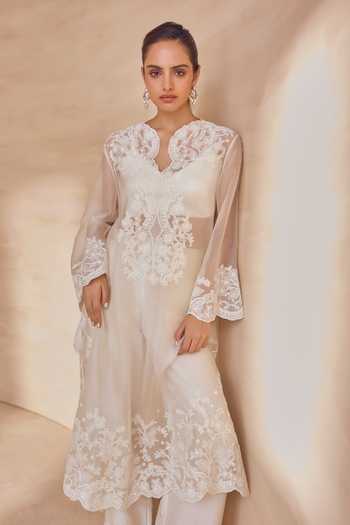 Buy Pankaj & Nidhi Ivory Silk Organza Split V-neck, Yes Bloom Pearl Mist Kurta Set Online at Aza Fashions Buy_Pankaj & Nidhi_Ivory Silk Organza Split V-neck, Yes Bloom Pearl Mist Kurta Set _Online_at_Aza_Fashions
