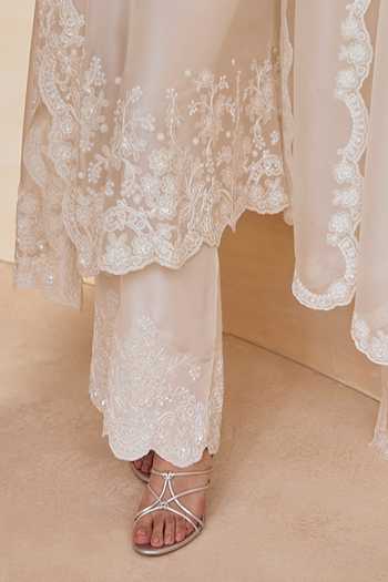 Pankaj & Nidhi Ivory Silk Organza Split V-neck, Yes Bloom Pearl Mist Kurta Set at Aza Fashions Pankaj & Nidhi_Ivory Silk Organza Split V-neck, Yes Bloom Pearl Mist Kurta Set _at_Aza_Fashions