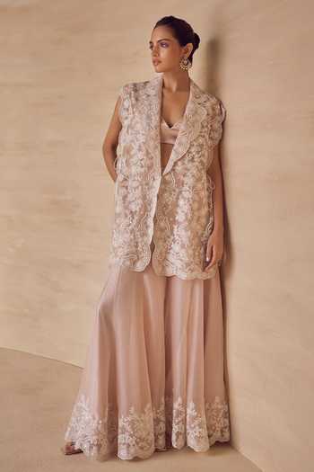 Pankaj & Nidhi Pink Silk Organza Shawl Neck Roserie Embroidered Jacket Sharara Set Online at Aza Fashions Pankaj & Nidhi_Pink Silk Organza Shawl Neck Roserie Embroidered Jacket Sharara Set _Online_at_Aza_Fashions