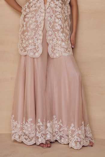 Buy Pankaj & Nidhi Pink Silk Organza Shawl Neck Roserie Embroidered Jacket Sharara Set Online at Aza Fashions Buy_Pankaj & Nidhi_Pink Silk Organza Shawl Neck Roserie Embroidered Jacket Sharara Set _Online_at_Aza_Fashions