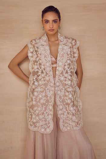 Shop Pankaj & Nidhi Pink Silk Organza Shawl Neck Roserie Embroidered Jacket Sharara Set Online at Aza Fashions Shop_Pankaj & Nidhi_Pink Silk Organza Shawl Neck Roserie Embroidered Jacket Sharara Set _Online_at_Aza_Fashions