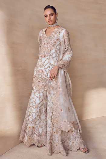 Pankaj & Nidhi_Gold Silk Organza V-neck, Yes Seravelle Fleur Embroidered Sharara Set _Online_at_Aza_Fashions