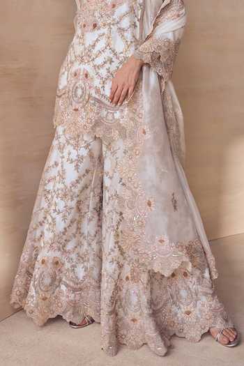 Buy_Pankaj & Nidhi_Gold Silk Organza V-neck, Yes Seravelle Fleur Embroidered Sharara Set _Online_at_Aza_Fashions