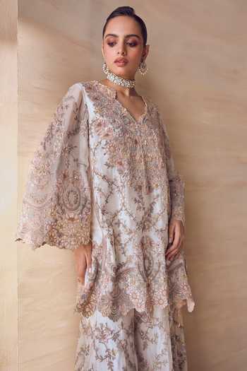 Shop_Pankaj & Nidhi_Gold Silk Organza V-neck, Yes Seravelle Fleur Embroidered Sharara Set _Online_at_Aza_Fashions