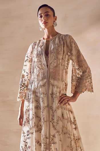 Pankaj & Nidhi Ivory Silk Organza Round Neck Moonvine Embroidered Jacket Pant Set Online at Aza Fashions Pankaj & Nidhi_Ivory Silk Organza Round Neck Moonvine Embroidered Jacket Pant Set _Online_at_Aza_Fashions