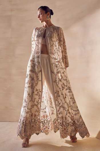 Buy Pankaj & Nidhi Ivory Silk Organza Round Neck Moonvine Embroidered Jacket Pant Set Online at Aza Fashions Buy_Pankaj & Nidhi_Ivory Silk Organza Round Neck Moonvine Embroidered Jacket Pant Set _Online_at_Aza_Fashions