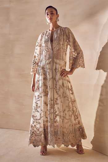 Shop Pankaj & Nidhi Ivory Silk Organza Round Neck Moonvine Embroidered Jacket Pant Set Online at Aza Fashions Shop_Pankaj & Nidhi_Ivory Silk Organza Round Neck Moonvine Embroidered Jacket Pant Set _Online_at_Aza_Fashions
