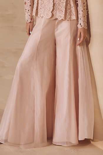 Pankaj & Nidhi Pink Silk Organza Shawl Neck Ecru Bloom Cutwork Jacket Sharara Set Online at Aza Fashions Pankaj & Nidhi_Pink Silk Organza Shawl Neck Ecru Bloom Cutwork Jacket Sharara Set _Online_at_Aza_Fashions