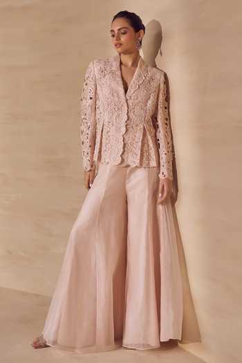 Pankaj & Nidhi Ecru Bloom Cutwork Jacket Sharara Set 