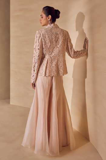 Pankaj & Nidhi Ecru Bloom Cutwork Jacket Sharara Set 
