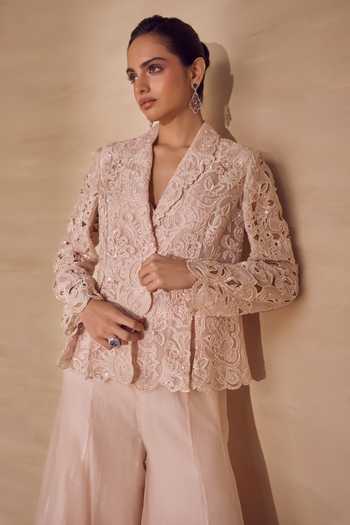 Buy Pankaj & Nidhi Pink Silk Organza Shawl Neck Ecru Bloom Cutwork Jacket Sharara Set Online at Aza Fashions Buy_Pankaj & Nidhi_Pink Silk Organza Shawl Neck Ecru Bloom Cutwork Jacket Sharara Set _Online_at_Aza_Fashions