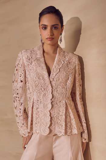 Shop Pankaj & Nidhi Pink Silk Organza Shawl Neck Ecru Bloom Cutwork Jacket Sharara Set Online at Aza Fashions Shop_Pankaj & Nidhi_Pink Silk Organza Shawl Neck Ecru Bloom Cutwork Jacket Sharara Set _Online_at_Aza_Fashions