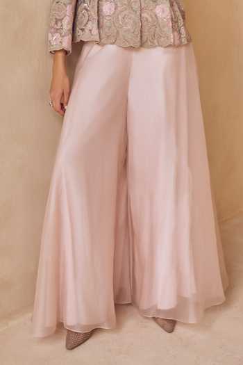 Pankaj & Nidhi Pink Silk Organza Shawl Neck Aster Blush Petal Embroidered Jacket Sharara Set Online at Aza Fashions Pankaj & Nidhi_Pink Silk Organza Shawl Neck Aster Blush Petal Embroidered Jacket Sharara Set _Online_at_Aza_Fashions
