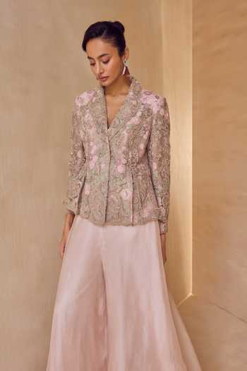 Buy Pankaj & Nidhi Pink Silk Organza Shawl Neck Aster Blush Petal Embroidered Jacket Sharara Set Online at Aza Fashions Buy_Pankaj & Nidhi_Pink Silk Organza Shawl Neck Aster Blush Petal Embroidered Jacket Sharara Set _Online_at_Aza_Fashions