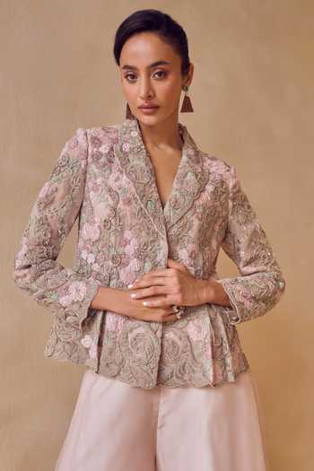 Shop Pankaj & Nidhi Pink Silk Organza Shawl Neck Aster Blush Petal Embroidered Jacket Sharara Set Online at Aza Fashions Shop_Pankaj & Nidhi_Pink Silk Organza Shawl Neck Aster Blush Petal Embroidered Jacket Sharara Set _Online_at_Aza_Fashions