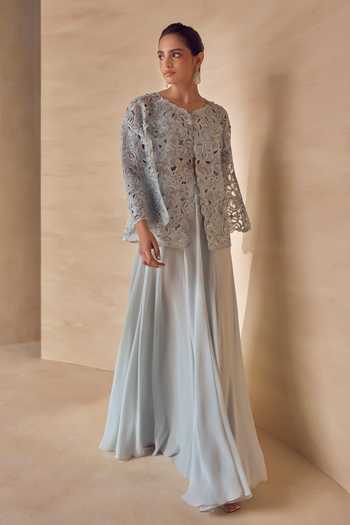 Pankaj & Nidhi Blue Georgette, Tulle V-neck Frosted Nacre Jacket Sharara Set Online at Aza Fashions Pankaj & Nidhi_Blue Georgette, Tulle V-neck Frosted Nacre Jacket Sharara Set _Online_at_Aza_Fashions
