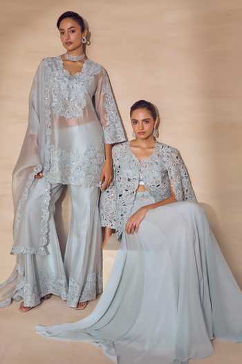 Shop Pankaj & Nidhi Blue Georgette, Tulle V-neck Frosted Nacre Jacket Sharara Set Online at Aza Fashions Shop_Pankaj & Nidhi_Blue Georgette, Tulle V-neck Frosted Nacre Jacket Sharara Set _Online_at_Aza_Fashions