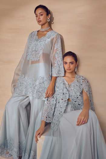 Pankaj & Nidhi Blue Georgette, Tulle V-neck Frosted Nacre Jacket Sharara Set at Aza Fashions Pankaj & Nidhi_Blue Georgette, Tulle V-neck Frosted Nacre Jacket Sharara Set _at_Aza_Fashions