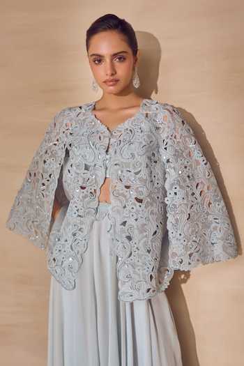 Buy Pankaj & Nidhi Blue Georgette, Tulle V-neck Frosted Nacre Jacket Sharara Set Buy_Pankaj & Nidhi_Blue Georgette, Tulle V-neck Frosted Nacre Jacket Sharara Set