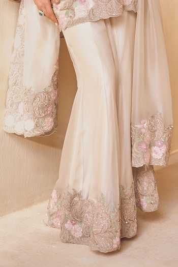 Pankaj & Nidhi Ivory Silk Organza V-neck, Yes Aster Sable Blossom Kurta Sharara Set Online at Aza Fashions Pankaj & Nidhi_Ivory Silk Organza V-neck, Yes Aster Sable Blossom Kurta Sharara Set _Online_at_Aza_Fashions