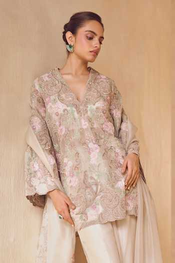 Buy Pankaj & Nidhi Ivory Silk Organza V-neck, Yes Aster Sable Blossom Kurta Sharara Set Online at Aza Fashions Buy_Pankaj & Nidhi_Ivory Silk Organza V-neck, Yes Aster Sable Blossom Kurta Sharara Set _Online_at_Aza_Fashions