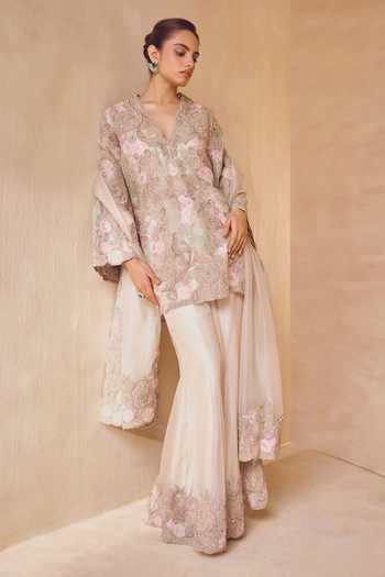 Shop Pankaj & Nidhi Ivory Silk Organza V-neck, Yes Aster Sable Blossom Kurta Sharara Set Online at Aza Fashions Shop_Pankaj & Nidhi_Ivory Silk Organza V-neck, Yes Aster Sable Blossom Kurta Sharara Set _Online_at_Aza_Fashions