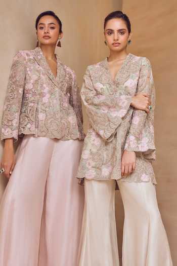 Pankaj & Nidhi Ivory Silk Organza V-neck, Yes Aster Sable Blossom Kurta Sharara Set at Aza Fashions Pankaj & Nidhi_Ivory Silk Organza V-neck, Yes Aster Sable Blossom Kurta Sharara Set _at_Aza_Fashions