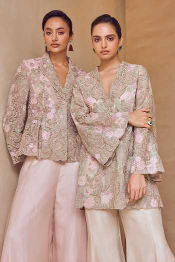 Buy Pankaj & Nidhi Ivory Silk Organza V-neck, Yes Aster Sable Blossom Kurta Sharara Set Buy_Pankaj & Nidhi_Ivory Silk Organza V-neck, Yes Aster Sable Blossom Kurta Sharara Set