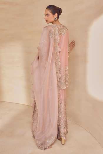 Pankaj & Nidhi Pink Silk Organza Split V-neck, Yes Blushwood Sequined Kurta Sharara Set Online at Aza Fashions Pankaj & Nidhi_Pink Silk Organza Split V-neck, Yes Blushwood Sequined Kurta Sharara Set _Online_at_Aza_Fashions