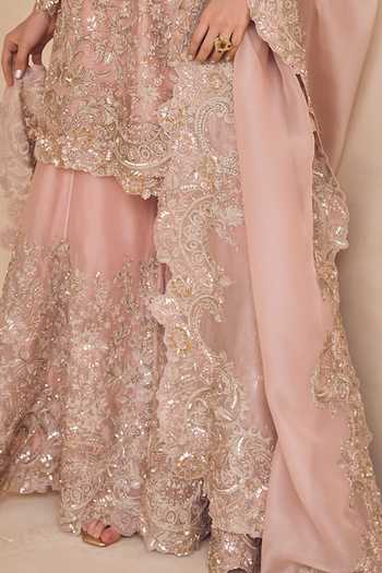 Buy Pankaj & Nidhi Pink Silk Organza Split V-neck, Yes Blushwood Sequined Kurta Sharara Set Online at Aza Fashions Buy_Pankaj & Nidhi_Pink Silk Organza Split V-neck, Yes Blushwood Sequined Kurta Sharara Set _Online_at_Aza_Fashions