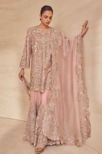 Shop Pankaj & Nidhi Pink Silk Organza Split V-neck, Yes Blushwood Sequined Kurta Sharara Set Online at Aza Fashions Shop_Pankaj & Nidhi_Pink Silk Organza Split V-neck, Yes Blushwood Sequined Kurta Sharara Set _Online_at_Aza_Fashions